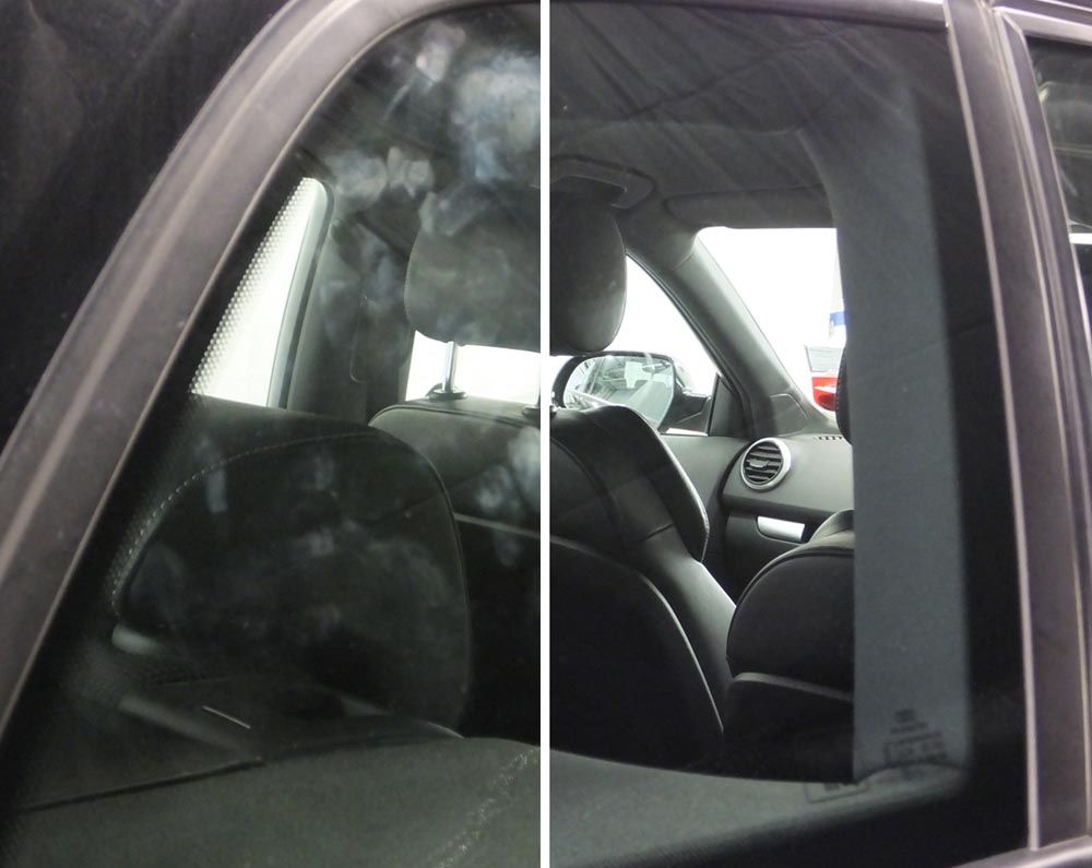 Før og etter bruk av Autoglym Fast Glass på bilrute med tydelig forbedret klarhet