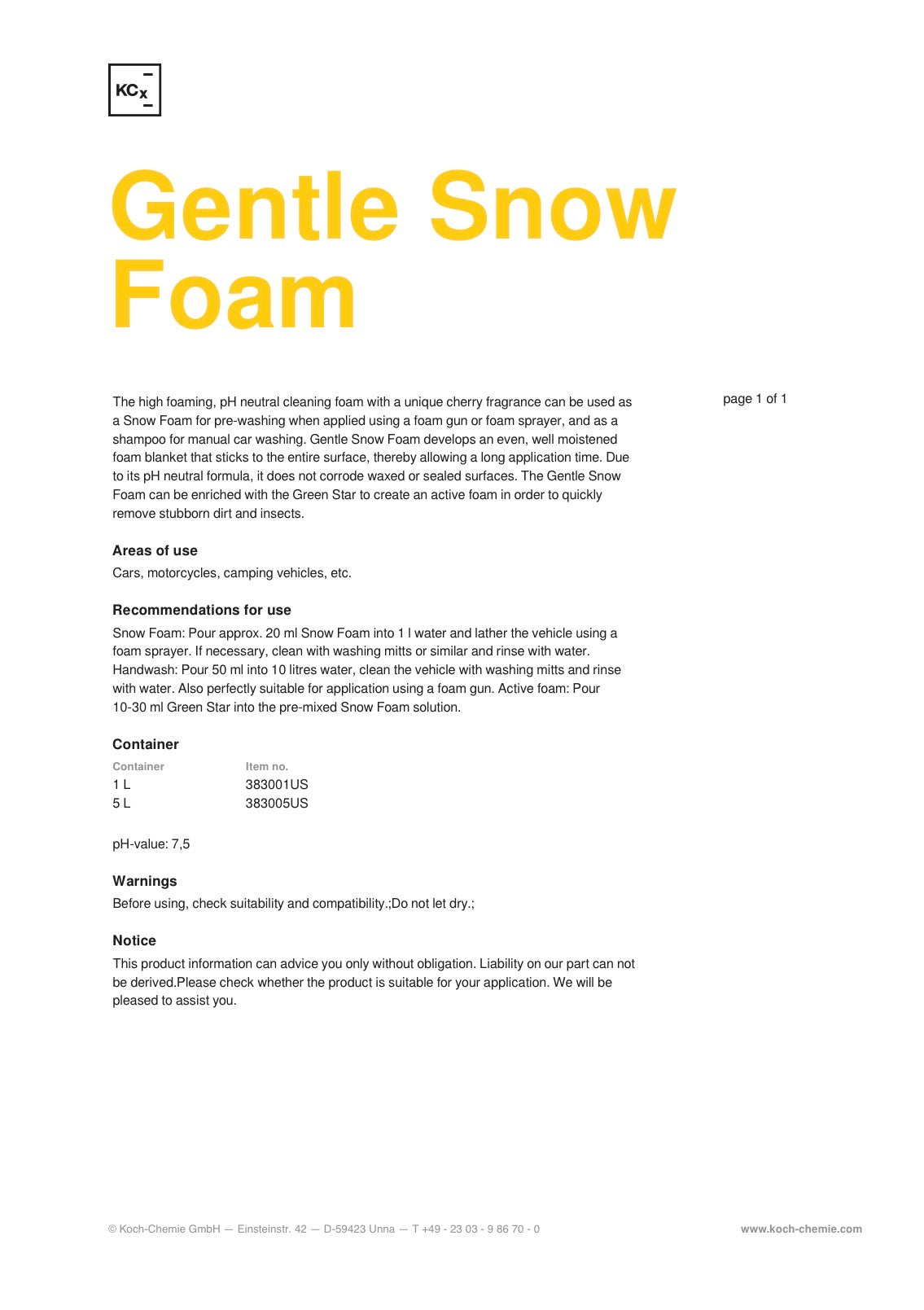 Produktinformasjon og bruksanvisning for Koch Chemie Gentle Snow Foam pH-nøytral skum