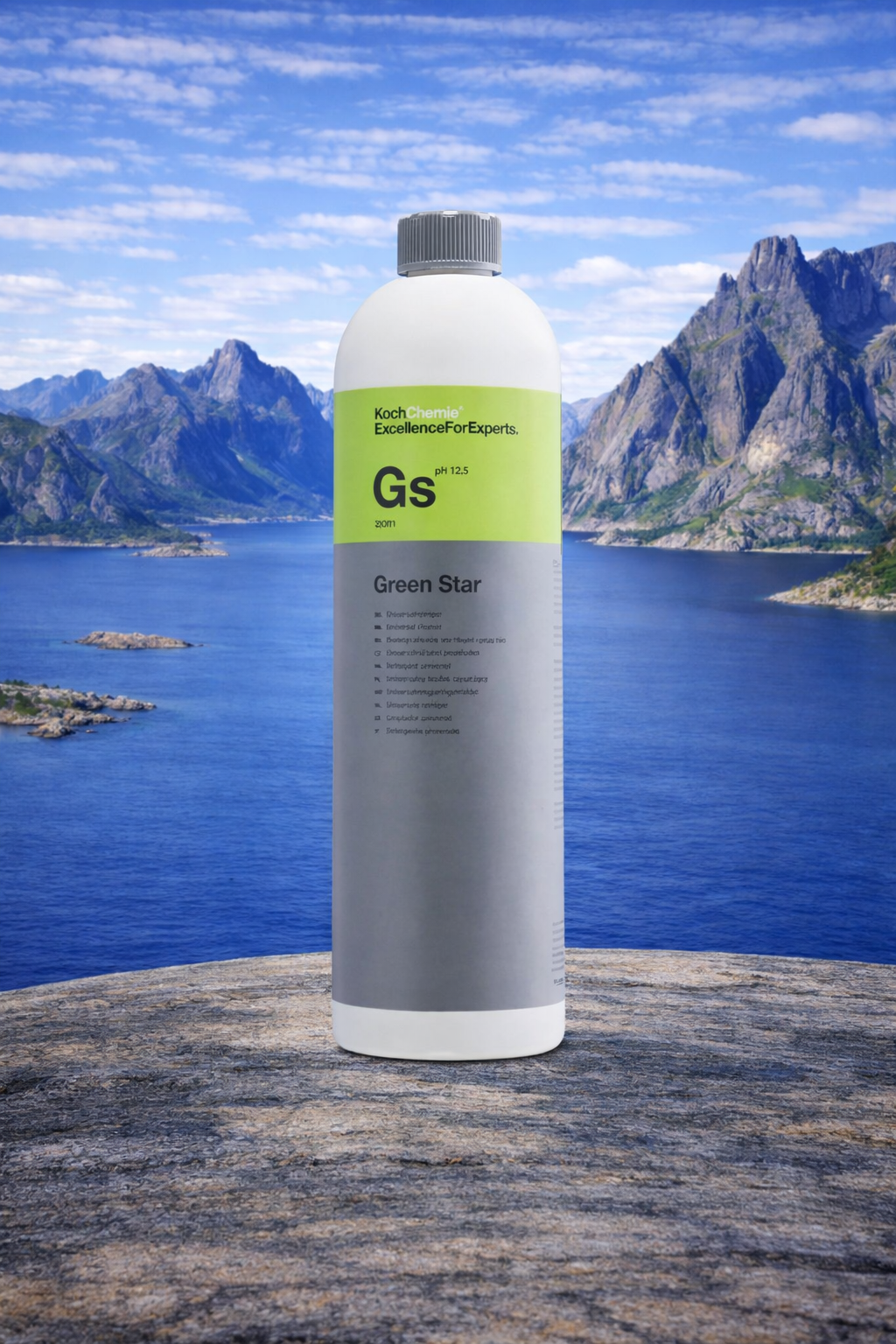 Koch Chemie Green Star GS universalrens 1 liter på Lofoten-bakgrunn med fjell og hav