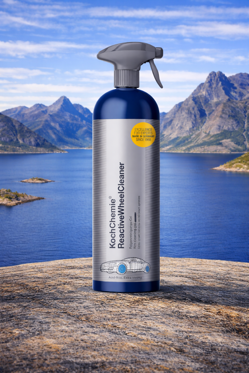 Koch Chemie Reactive Wheel Cleaner presentert i Lofoten-landskap – kraftig og skånsom felgrens